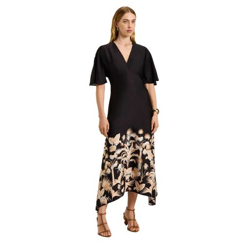 Veronika Maine Tropical Border Satin Midi Dress